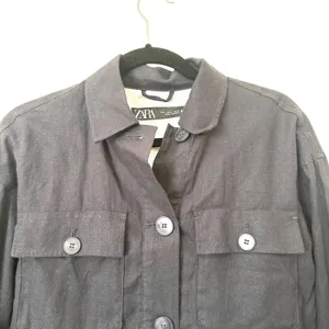 ZARA Linen‎ Short Jacket Navy Blue Medium thumbnail 4