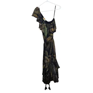 NWT Farm Rio Golden Foliage Black One Shoulder Maxi Dress Sz. XS thumbnail 5