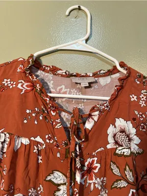 Loft Women's Size Large Petite Blouse Orange White Floral Button Down Ruffle‎ thumbnail 7