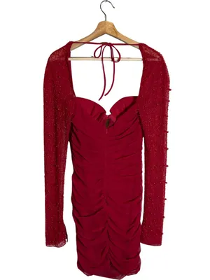 Oh Polly St. Germain Embellished Long Sleeve Mini Dress Women's 6 Red Pearls thumbnail 4