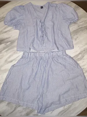 SHEIN Blue White Vertical Striped Front Tie Puff Sleeve Top Shorts Set M thumbnail 1