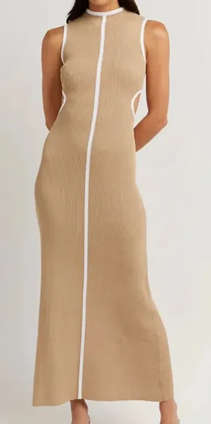 DISSH Binding Wheat Knit Maxi Dress High Neck Cut Out ribbed size L thumbnail 1
