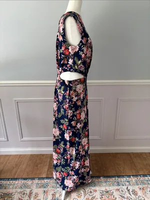 Abercrombie & Fitch Floral Fruits Cutout Maxi Dress Navy Cap Sleeve Size Medium thumbnail 5