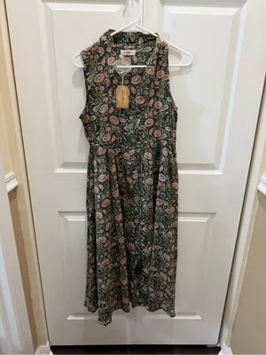 NATURAL LIFE Amelia Cotton Shirt Dress Green Floral Vines Small NWT thumbnail 6