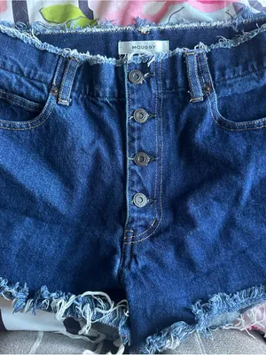 MOUSSY Women's Blue Denim Shorts - Frayed Waist Button-Fly thumbnail 1