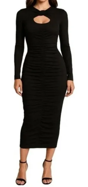 Abercrombie Long Sleeve Ruched Cutout Bodycon Midi Dress Black Medium thumbnail 1
