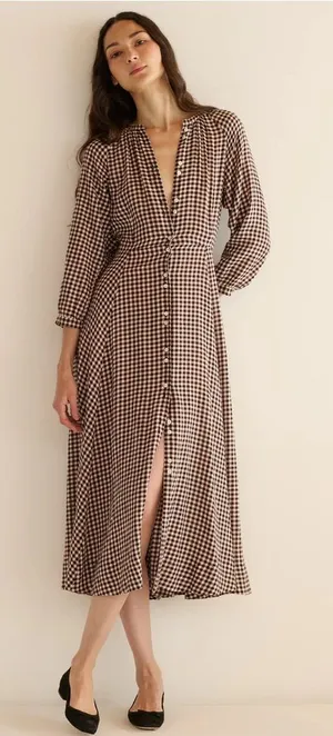 Doen Madeleine Brown and Cream Gingham Button-Front Dress thumbnail 1