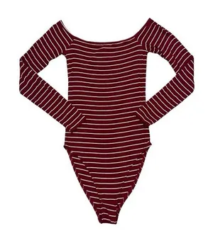 Hollister Ribbed Maroon & White Striped Off Shoulder Long Sleeve Bodysuit thumbnail 1