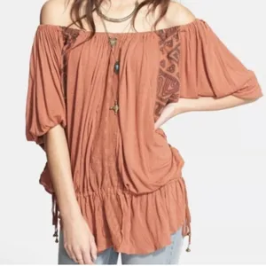 Free People size xsmall oversized boho rust colored embroidered top thumbnail 1