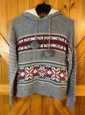 Yes Lola Hooded Cropped Knit Sweater Gray Lined Hood Pom Poms Size Large (5365) thumbnail 1