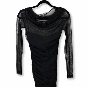 NEW Lulus Sunama Black Mesh Ruched Long Sleeve Bodycon Cocktail Midi Dress Small thumbnail 7