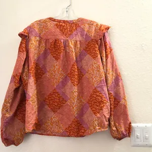 Boho hippie indie western Orange pink floral blouse with ruffled Long sleeves thumbnail 2
