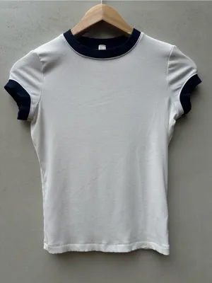SKIMS Soft Lounge Ringer T-Shirt White Navy Ribbed Modal Tee Size Small Vintage thumbnail 1