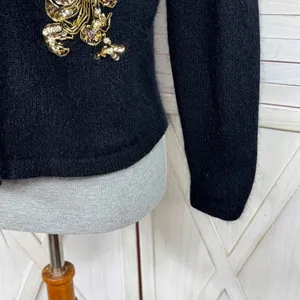 Vintage Karen Scott Sequin Fuzzy Angora Wool Cardigan Sweater Black‎ Gold Medium thumbnail 6