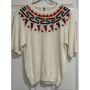 Vintage 90s Embroidered Yoke Short Sleeve Sweater‎ Cream Ramie Cotton Medium thumbnail 3