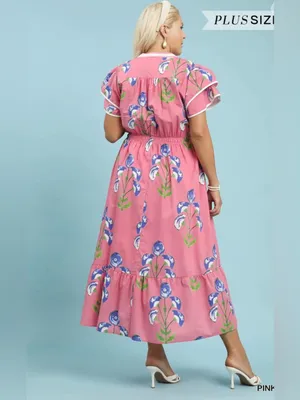 New! Umgee Plus Size Cotton Pink Floral Midi Dress Size 1X thumbnail 5