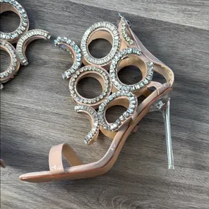 Azelia Wang Tan Stiletto Sandals 9 Nude Embellished PUT A RING ON IT Sexy Heels thumbnail 5