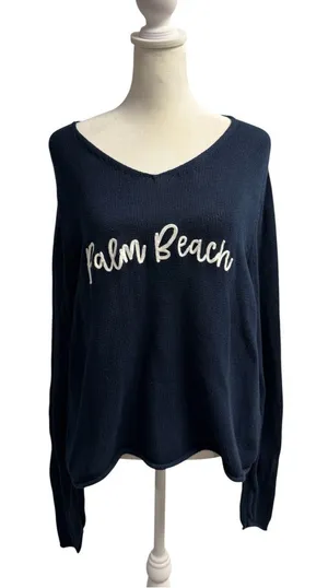 Pearls & Camo Palm Beach Long Sleeve Pullover Knit Sweater Blue Medium Coastal thumbnail 1
