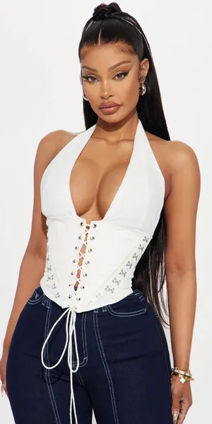 FashioNova White lace up halter top thumbnail 1