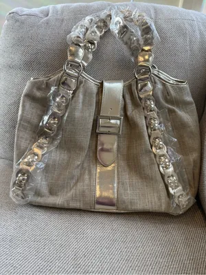 White House Black Market Beige Linen Shoulder Bag with Silver Trim thumbnail 2