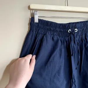 women's linen nylon blend‎ navy elastic drawstring waist wide leg jogger pants L thumbnail 2
