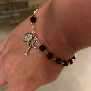 Garnet Gemstone Rosary Bracelet 6mm Miraculous medal Benedict crucifix Italy thumbnail 1