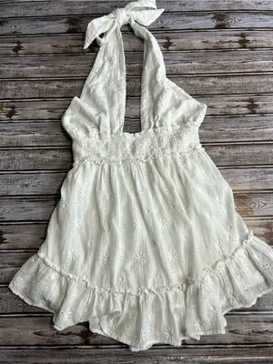 Aerie White Halter Eyelet Mini Dress - Smocked Waist Size Medium thumbnail 2