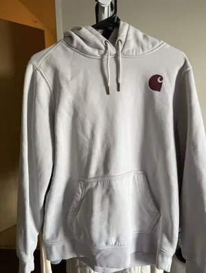 Carhartt Hoodie Women Sz Large Maroon & Cream Relaxed Fit Logo Sleeve Pullover thumbnail 1