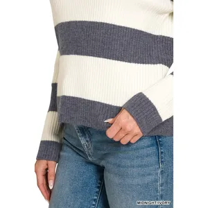 Zenana Striped Collared Sweater - Midnight/Ivory - Medium thumbnail 5