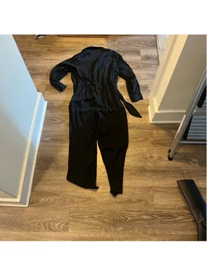 LOFT Classic Black Button-Front Long Sleeve Jumpsuit | Size 6 thumbnail 4