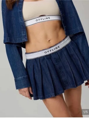 Offline by Aerie Oxford Mini Skort Denim Skirt w built in shorts Small Pleated thumbnail 4