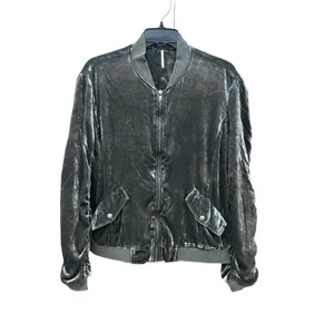 Free People Ruched Bomber Jacket Small Gray Plush Velvet Draped Zip‎ #L6-6 thumbnail 2