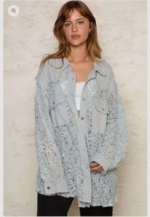 POL Oversized Lace Gauze Button Down Shirt Top Size Large thumbnail 1