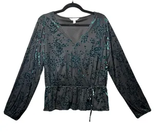 Lauren Conrad Womens Large Black‎ Teal Burnout Velvet Floral Peplum Wrap Blouse thumbnail 1