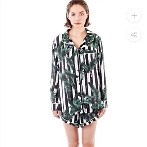 Revolve Plush Tropical Black White Striped Shirt and Short Sleep Set Leaf Print thumbnail 10