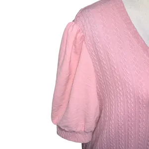 Women's Pink V-Neck Short Sleeve Puff Sleeve Shirt Dressy thumbnail 2