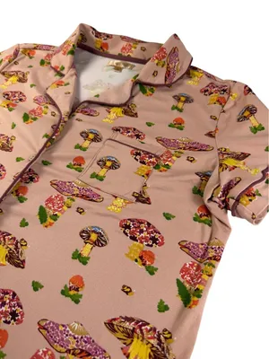 Haute Dreamz Mushroom Print PJ Top XL Pink Button Down Short Sleeve Sleepwear thumbnail 1