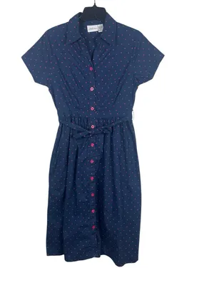Vermont Country Store S Navy Pink Polka Dot Shirt Dress Cotton Tie Waist Cottage thumbnail 2
