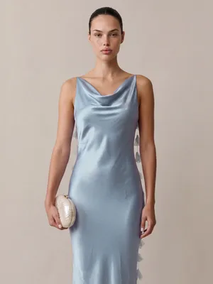 NWT Few Moda Ingrid Dress size Small S Light Blue silky ruffle maxi o.p.t cowl thumbnail 3