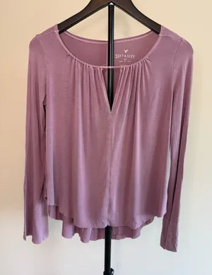 American Eagle Soft & Sexy‎ Long Sleeve Shirred Yoke Henley Tunic Top thumbnail 1