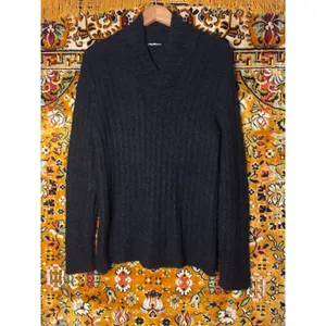 Italian Mohair Blend V-Neck Sweater Soft Fuzzy Black Stretch Knit sz L Italy thumbnail 2