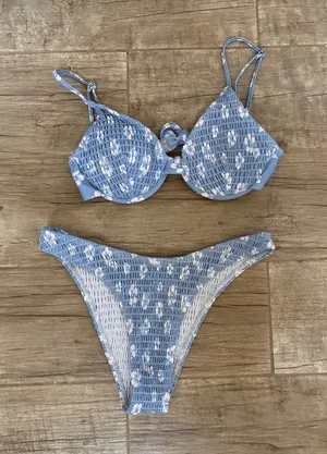 Light Blue White Floral Smocked Bikini Set thumbnail 1