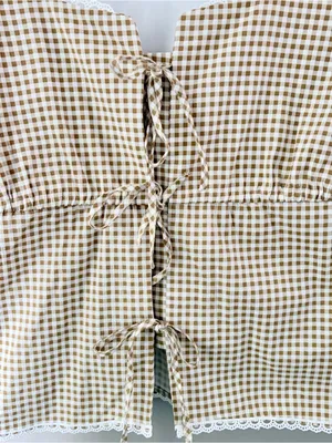 Bagatelle Cottagecore Gingham Front Tie Lace Trim Blouse Tan White Large thumbnail 4