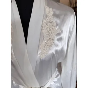 Linea Donatella Satin Robe Ivory Lace Trim Tie Waist S/M bride honeymoon thumbnail 3