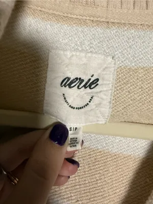 aerie Beige and White Striped Quarter-Zip Sweater thumbnail 6