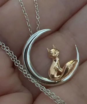 Fox and Crescent Moon Sterling Silver and Rose Gold Necklace thumbnail 1