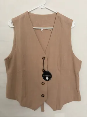 NWT Heipeiwa Women Beige Cotton Linen Button Front Tailored Vest Top Sz L(A858) thumbnail 1
