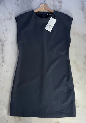ZARA Dark Slate Grey Cap Sleeve Mini Dress Womens Medium Minimalist Career Chic thumbnail 1