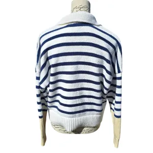 Madewell Striped Polo Sweater Medium‎ White Navy Blue V-Neck Knit Top P2709 thumbnail 3