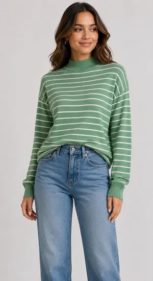 Stitches And Stripes Sweater Small Green White Striped Mockneck Preppy thumbnail 1